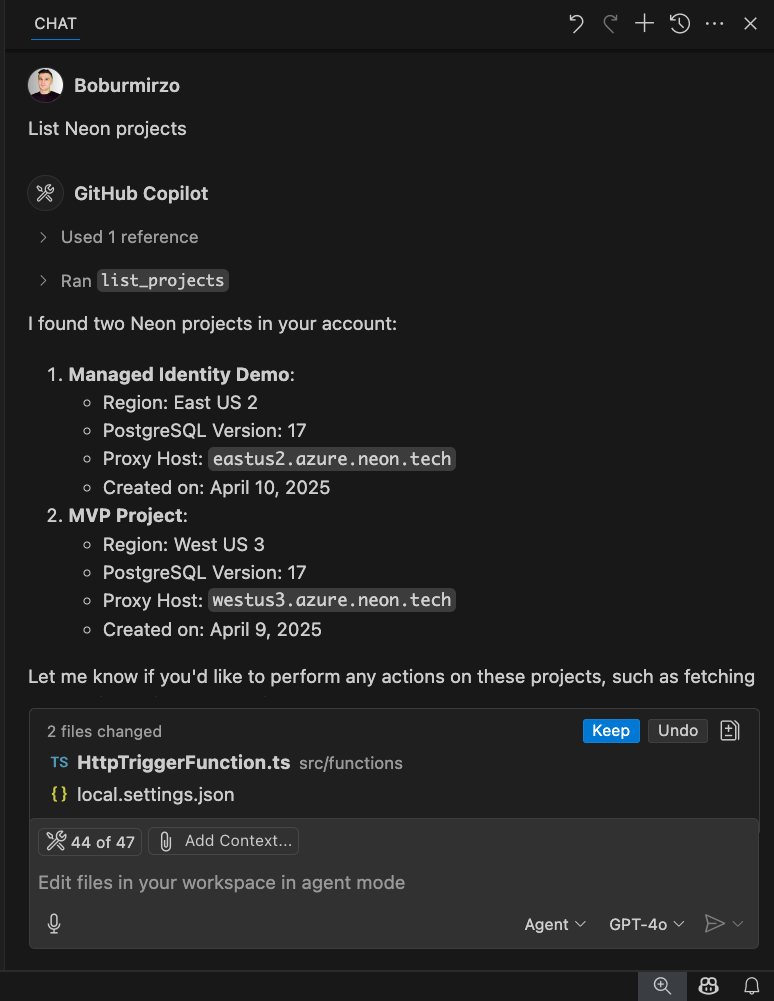 list existing Neon projects in GitHub Copilot